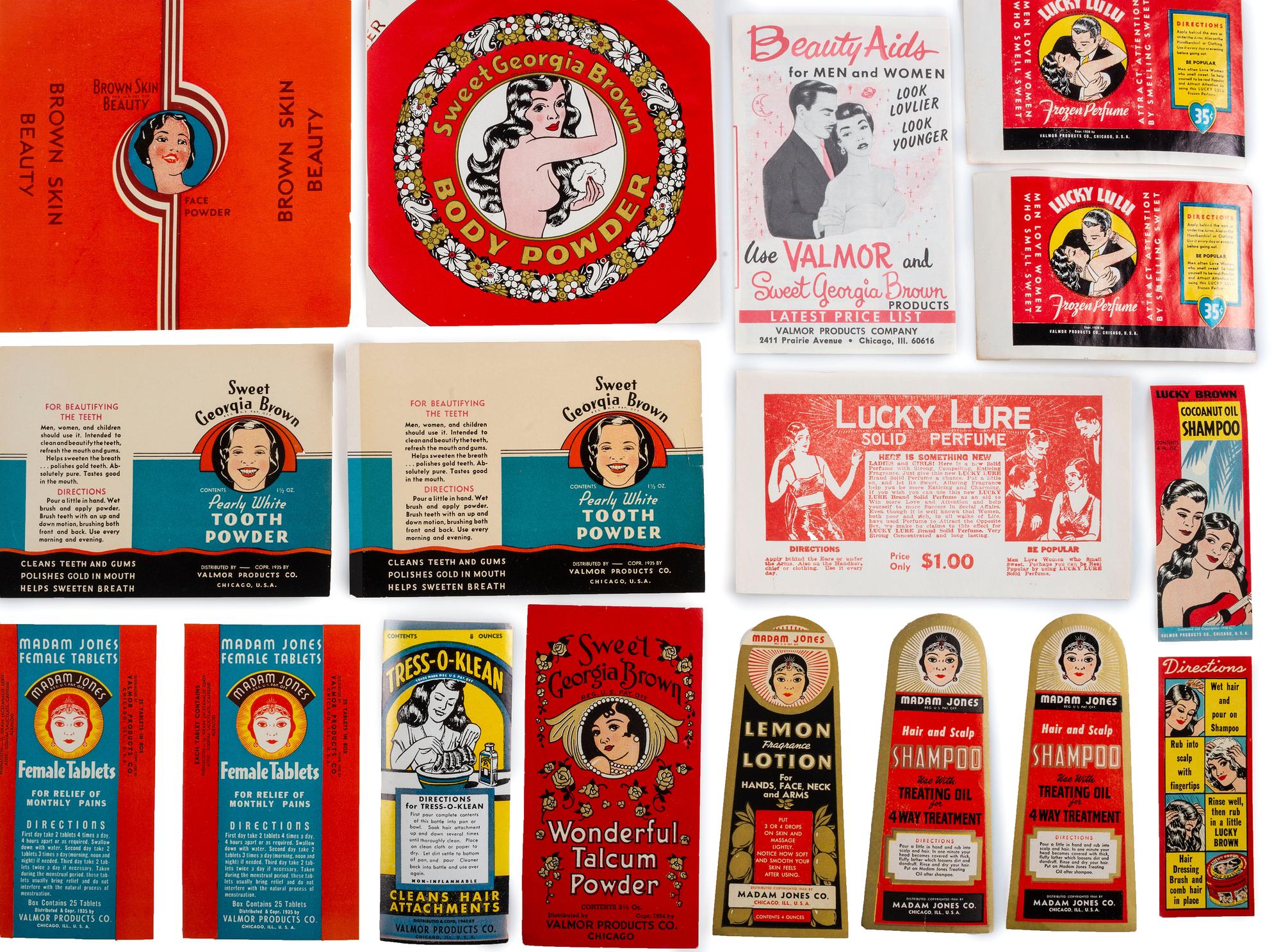 [ADVERTISING]. Hy-Beaute Hair Dressings placard. Atlanta, GA: Hy Beaute Chemical Co., ca early 1950s. [ With: ] Approx. 90 Valmor product labels featuring African American models.