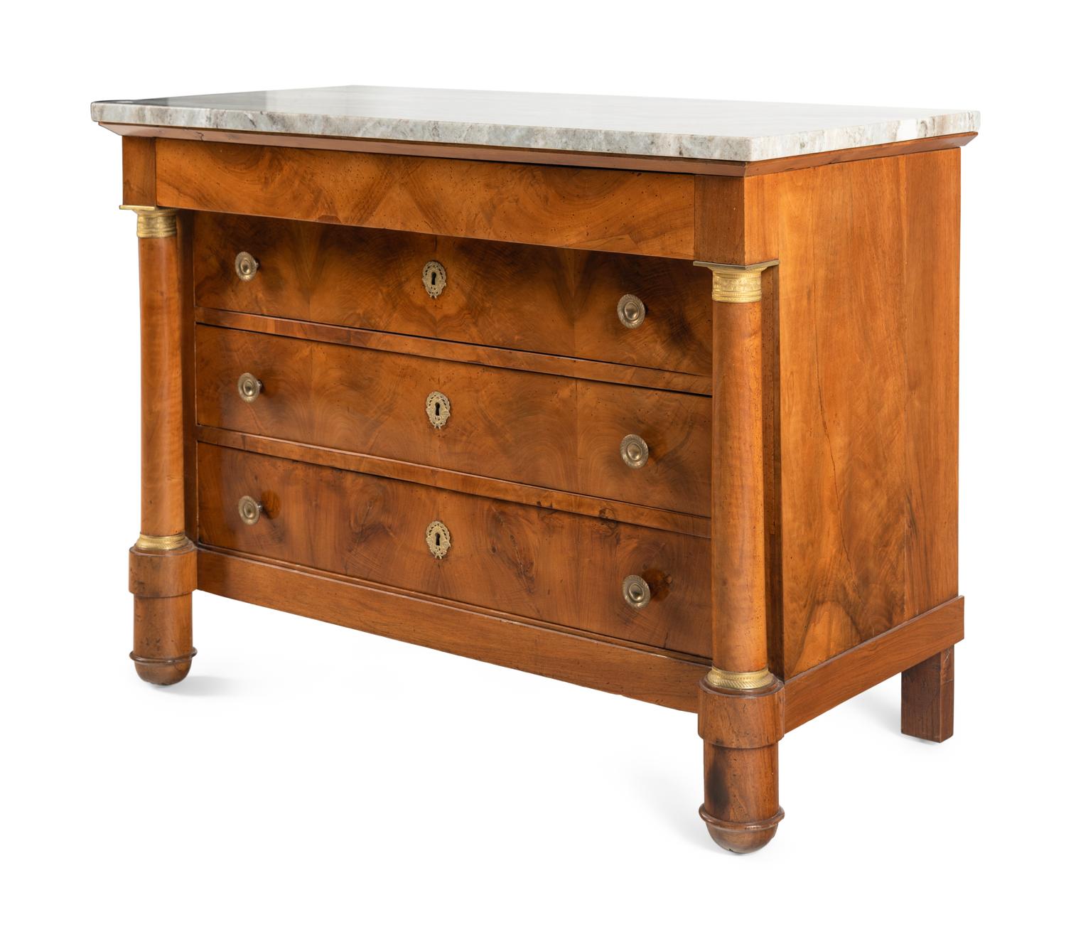An Empire Gilt Bronze Mounted Walnut Marble-Top Commode