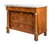 An Empire Gilt Bronze Mounted Walnut Marble-Top Commode