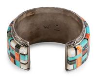 Large Navajo Men's Sterling Silver Cuff Bracelet, with Mosaic Inlay