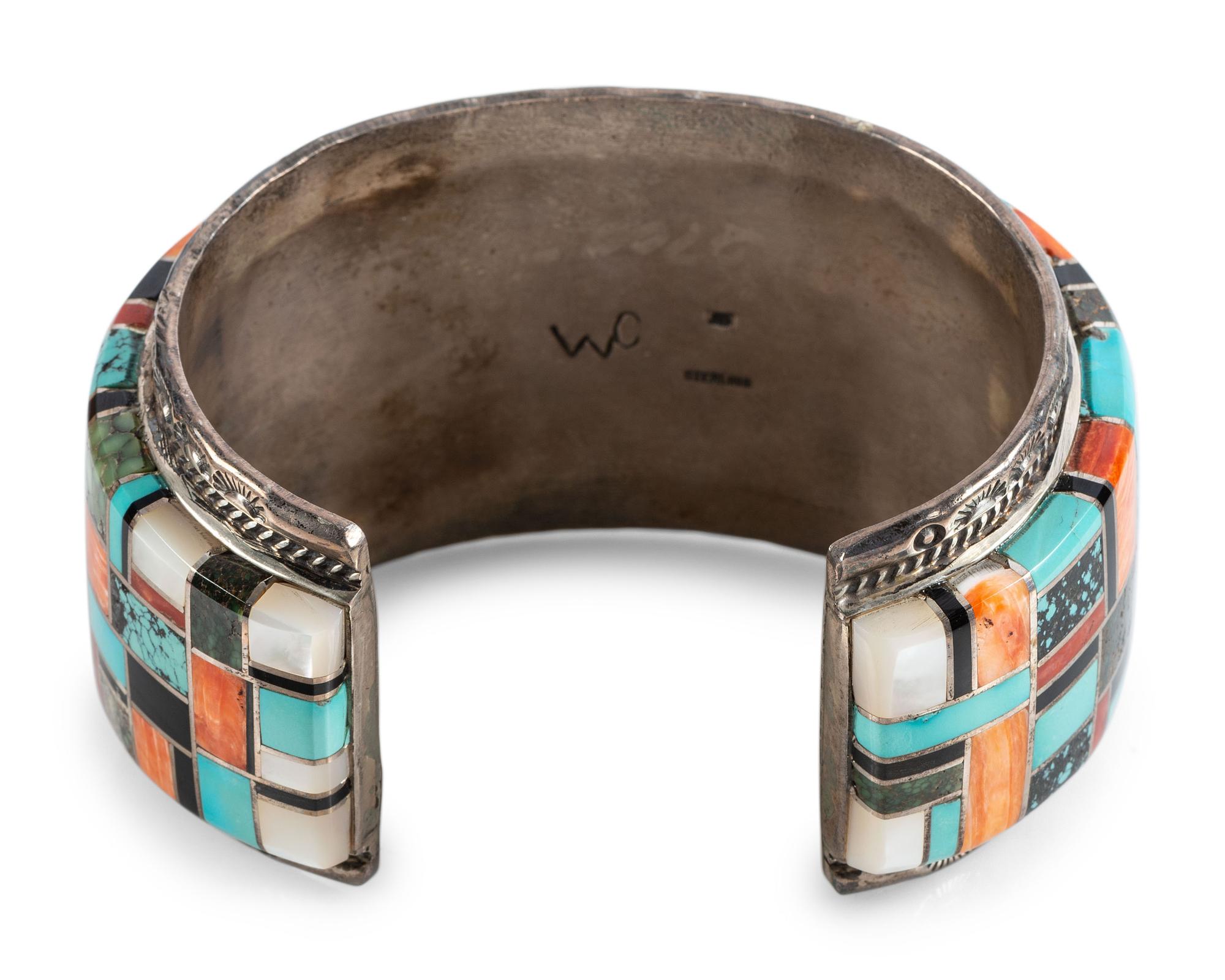 Large Navajo Men's Sterling Silver Cuff Bracelet, with Mosaic Inlay