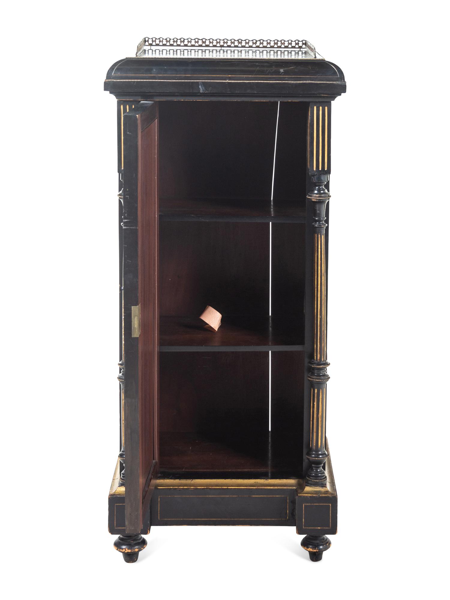 A Pair of English Aesthetic Jasperware Medallion-Mounted Ebonized and Parcel-Gilt Pedestal Cabinets