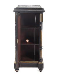 A Pair of English Aesthetic Jasperware Medallion-Mounted Ebonized and Parcel-Gilt Pedestal Cabinets