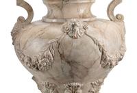 A Pair of Neoclassical Style Faux Marble Painted Terracotta Urns and Stone Plinths