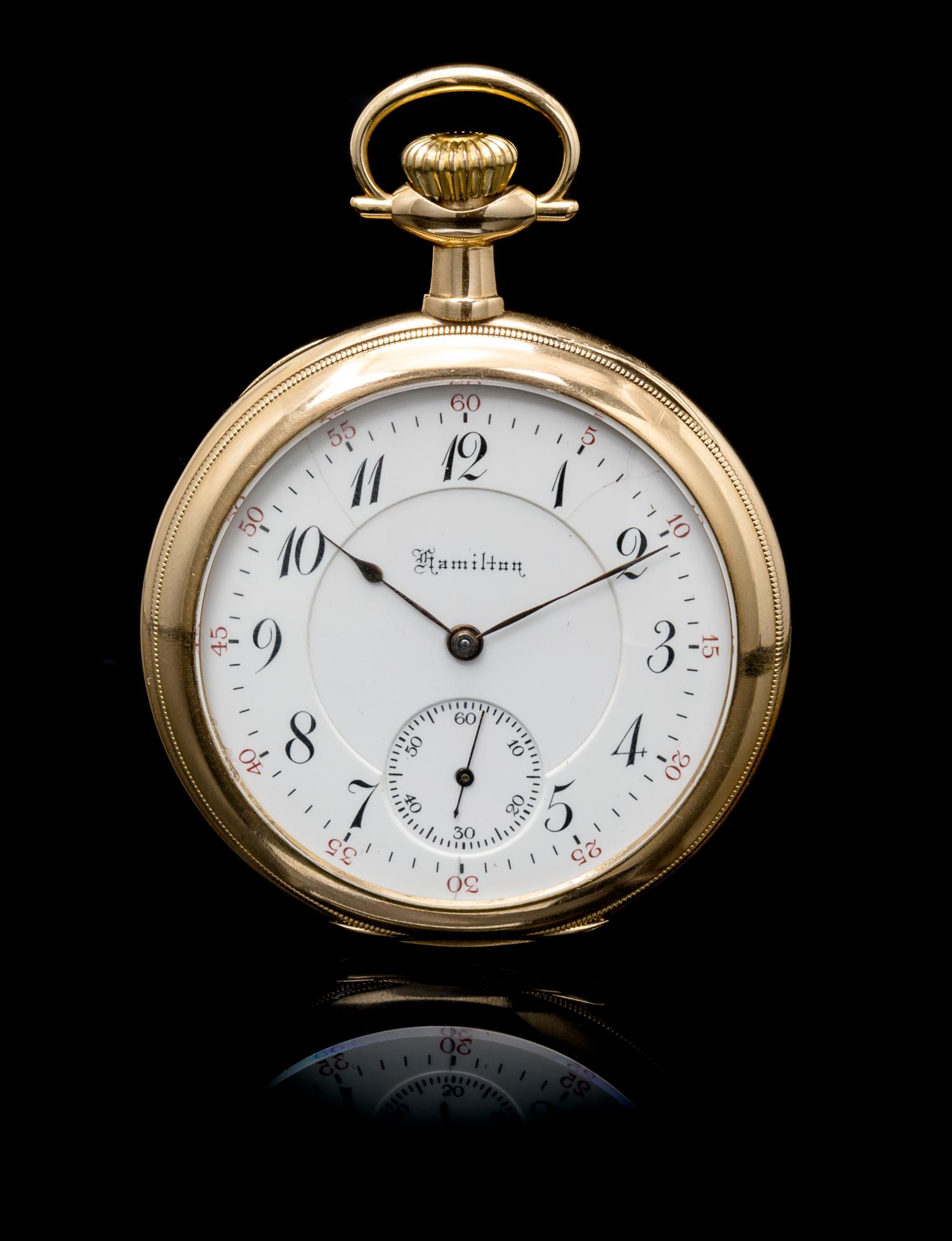 A 14 Karat Yellow Gold Open Face Pocket Watch, Hamilton, Circa 1910,