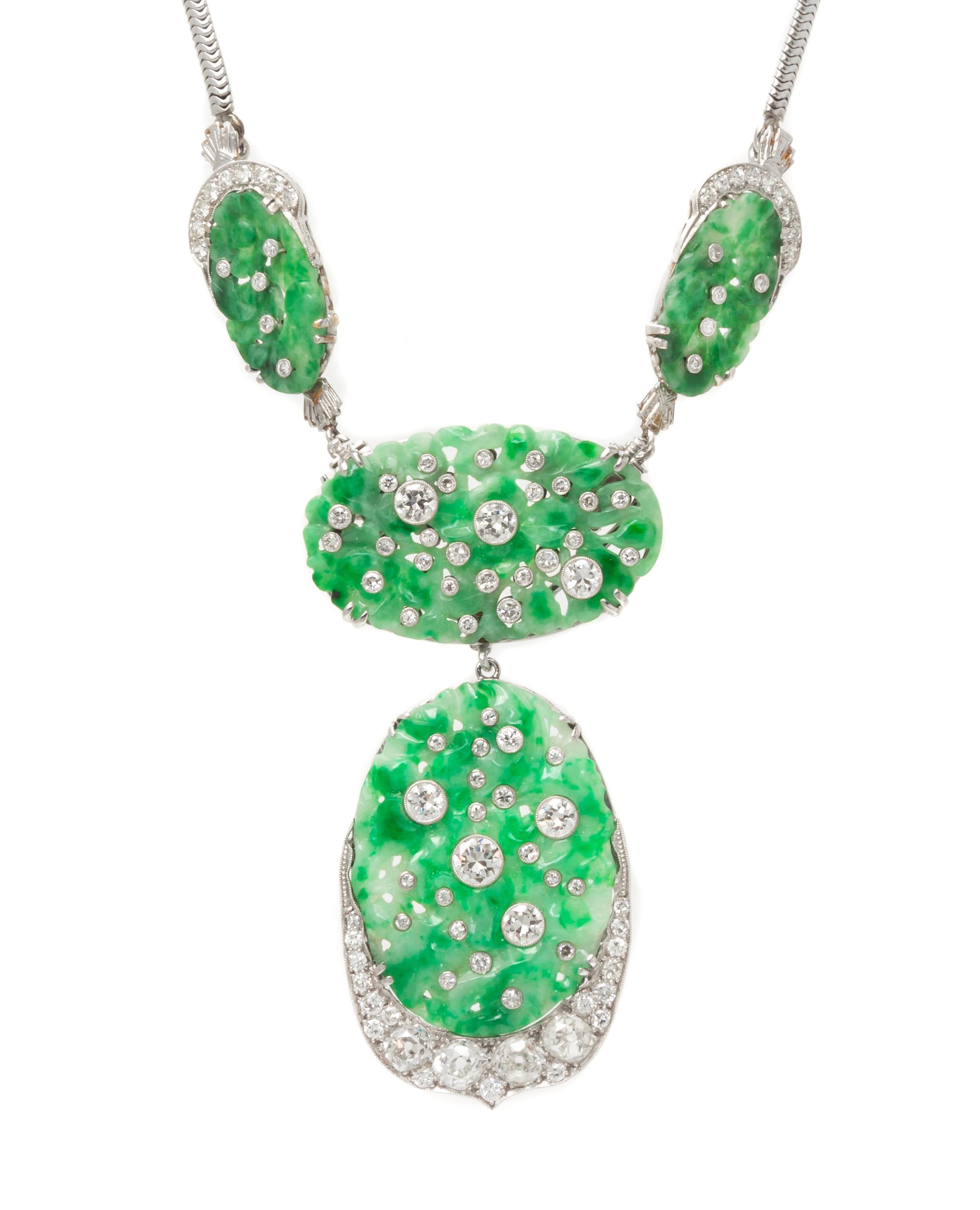 An Art Deco Platinum, White Gold, Jade and Diamond Convertible Necklace, 25.90 dwts.