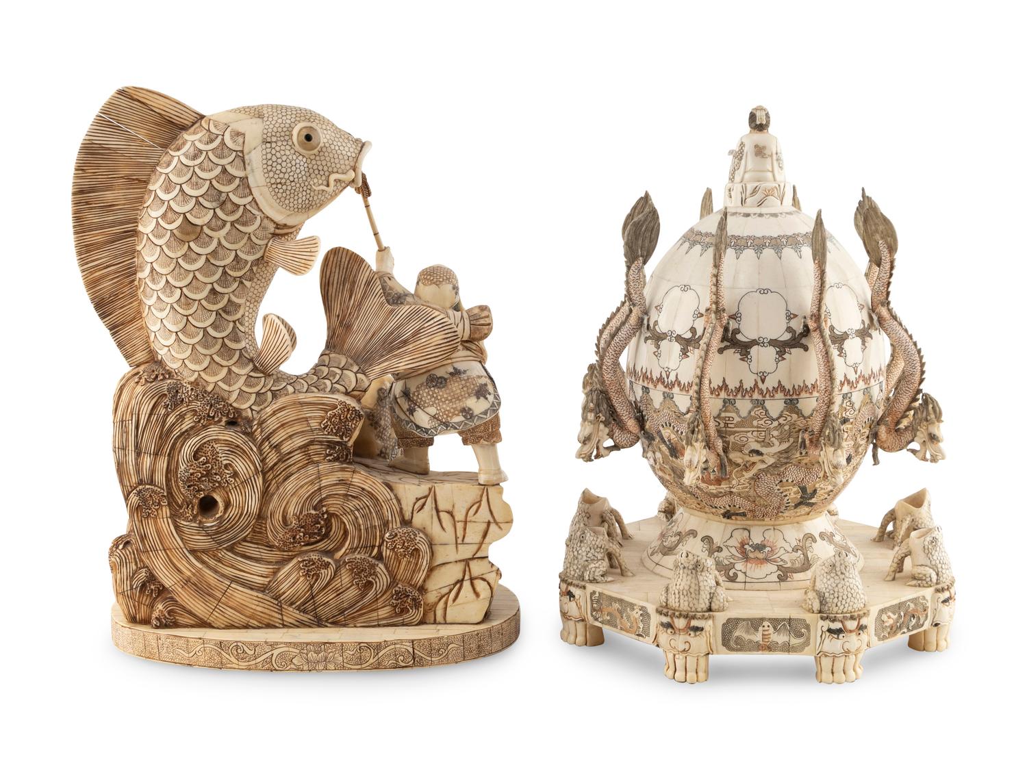 Two Japanese Bone Veneered Okimono