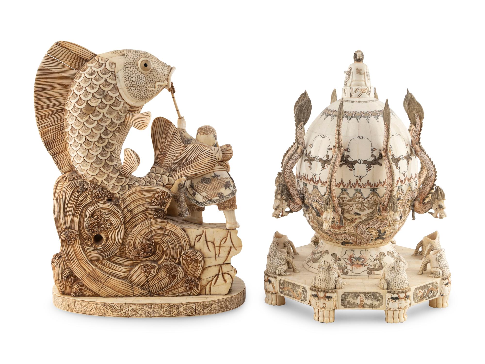 Two Japanese Bone Veneered Okimono