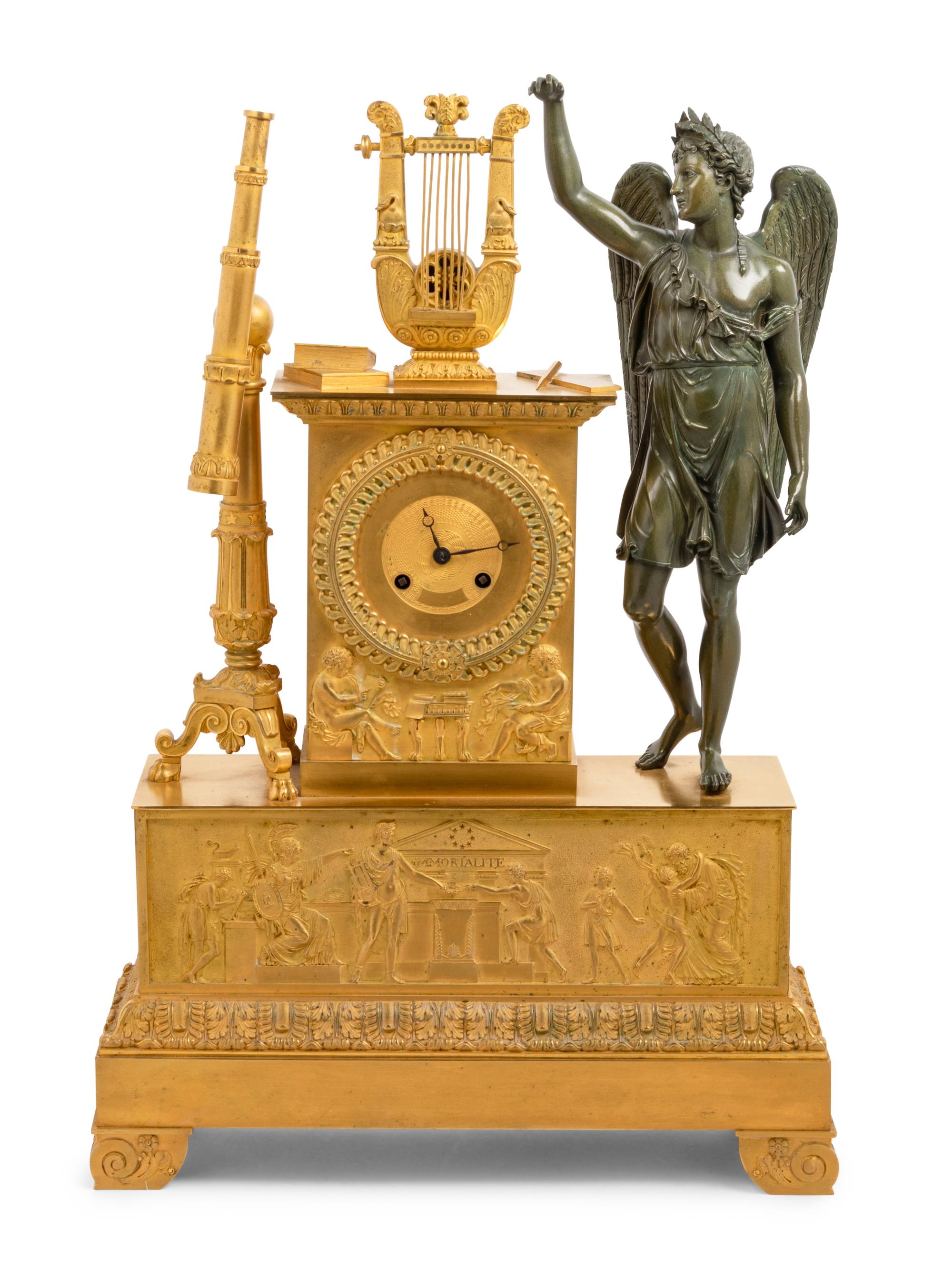 An Empire Gilt and Patinated Bronze Figural Mantel Clock