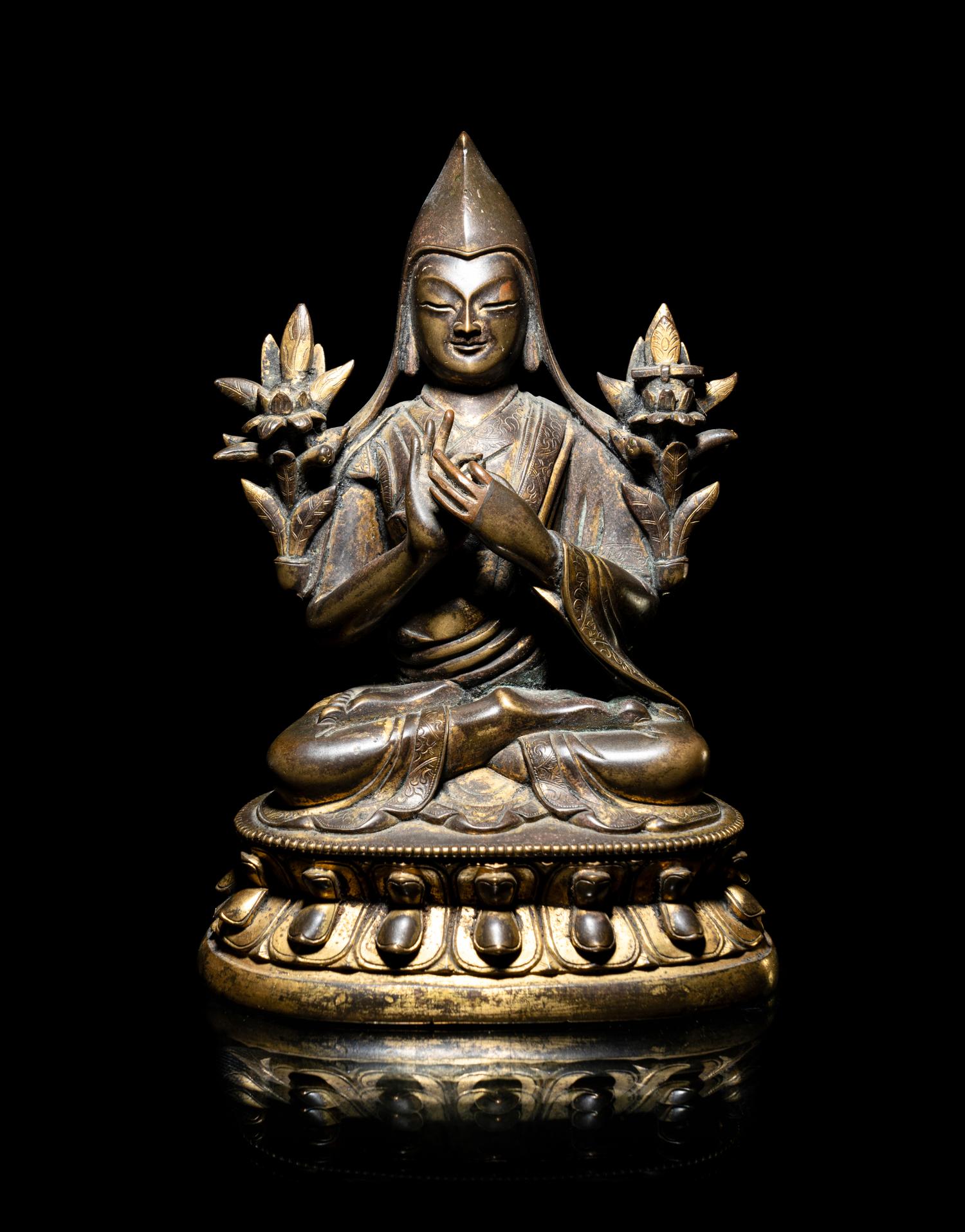 A Tibetan Parcel-Gilt Bronze Figure of Tsongkapa