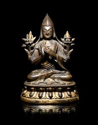 A Tibetan Parcel-Gilt Bronze Figure of Tsongkapa