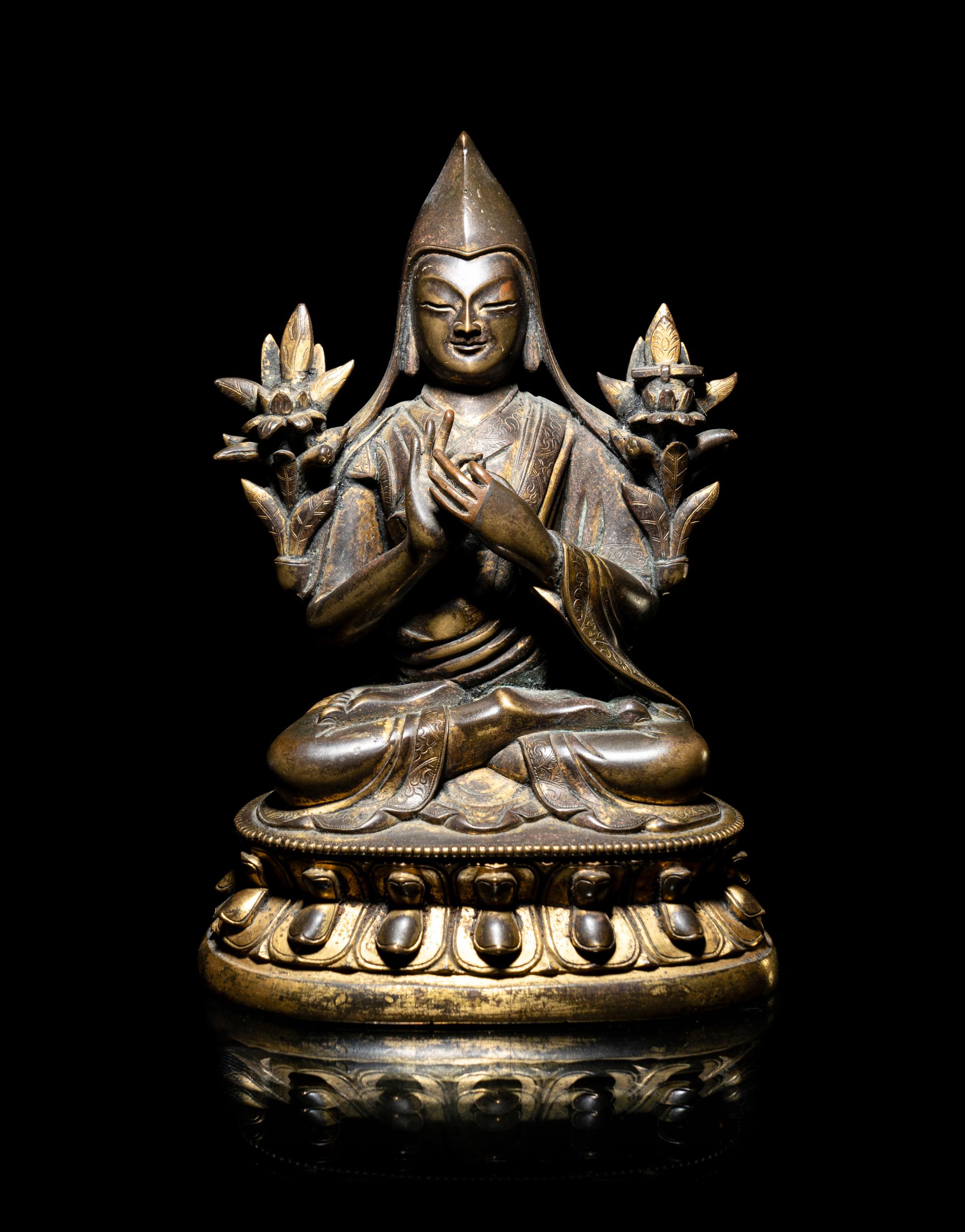 A Tibetan Parcel-Gilt Bronze Figure of Tsongkapa