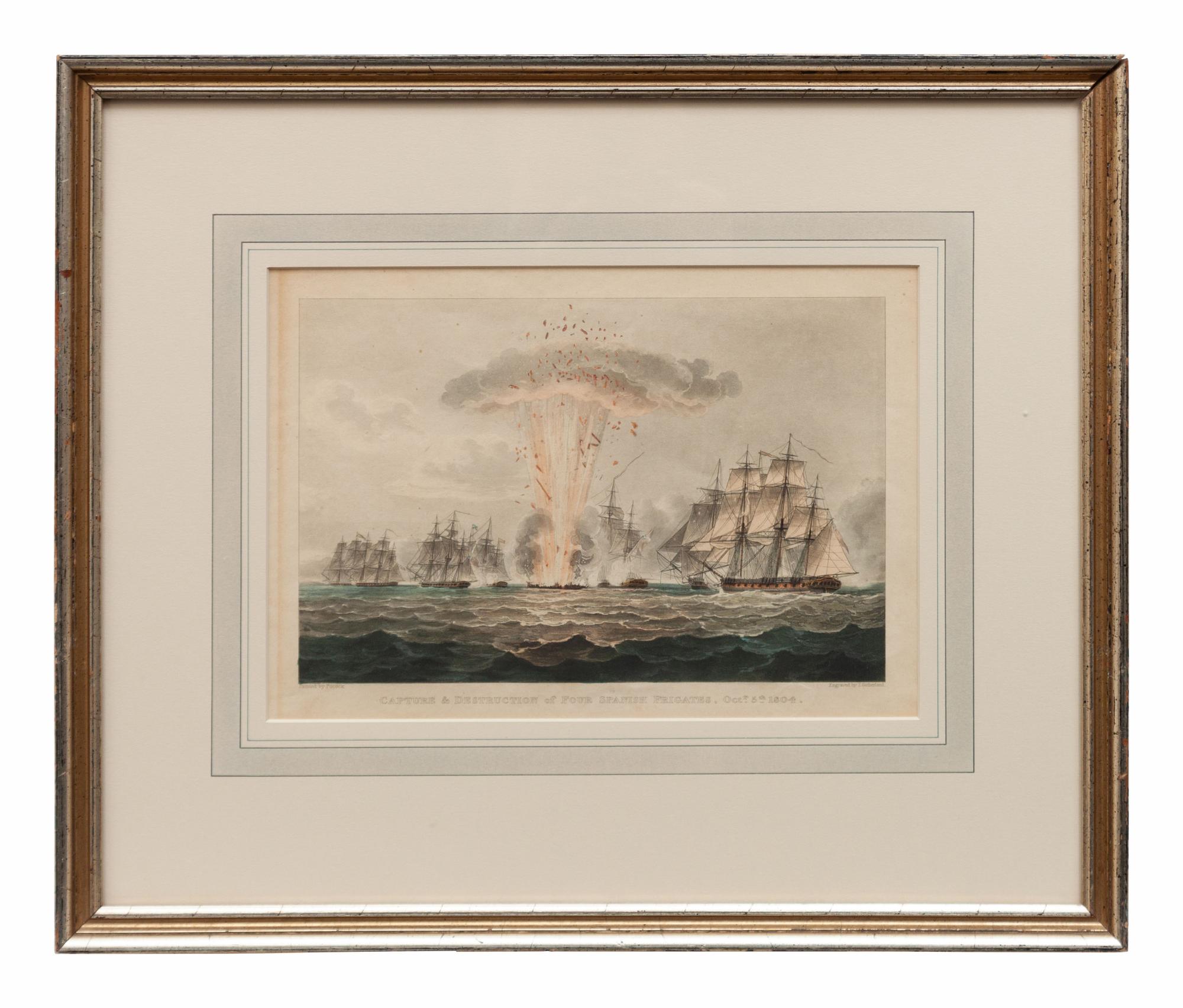 Three Nautical Color Engravings: Lord Howe in the Queen Charlotte, Bombardment of Algiers and Capture & Destruction of Four Spanish Frigates