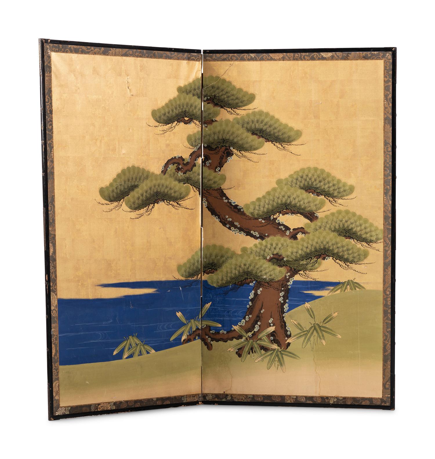 A Gilt and Painted Two-Panel Room Screen