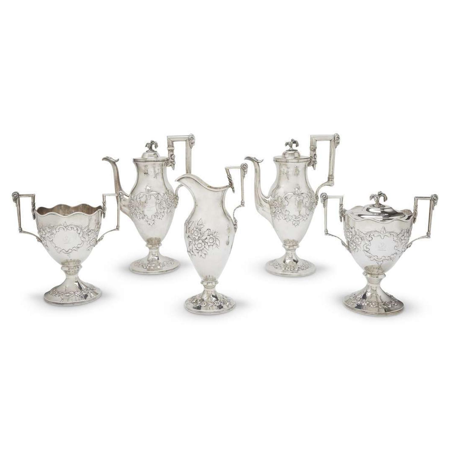 Five-piece sterling silver coffee service S. Kirk & Son, Baltimore, MD, circa 1850