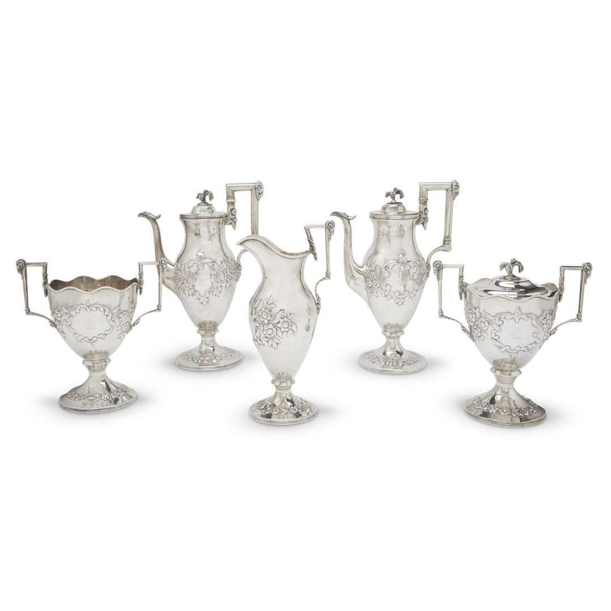 Five-piece sterling silver coffee service S. Kirk & Son, Baltimore, MD, circa 1850