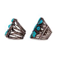 Pair of Navajo Silver and Turquoise Cluster Cuff Bracelets