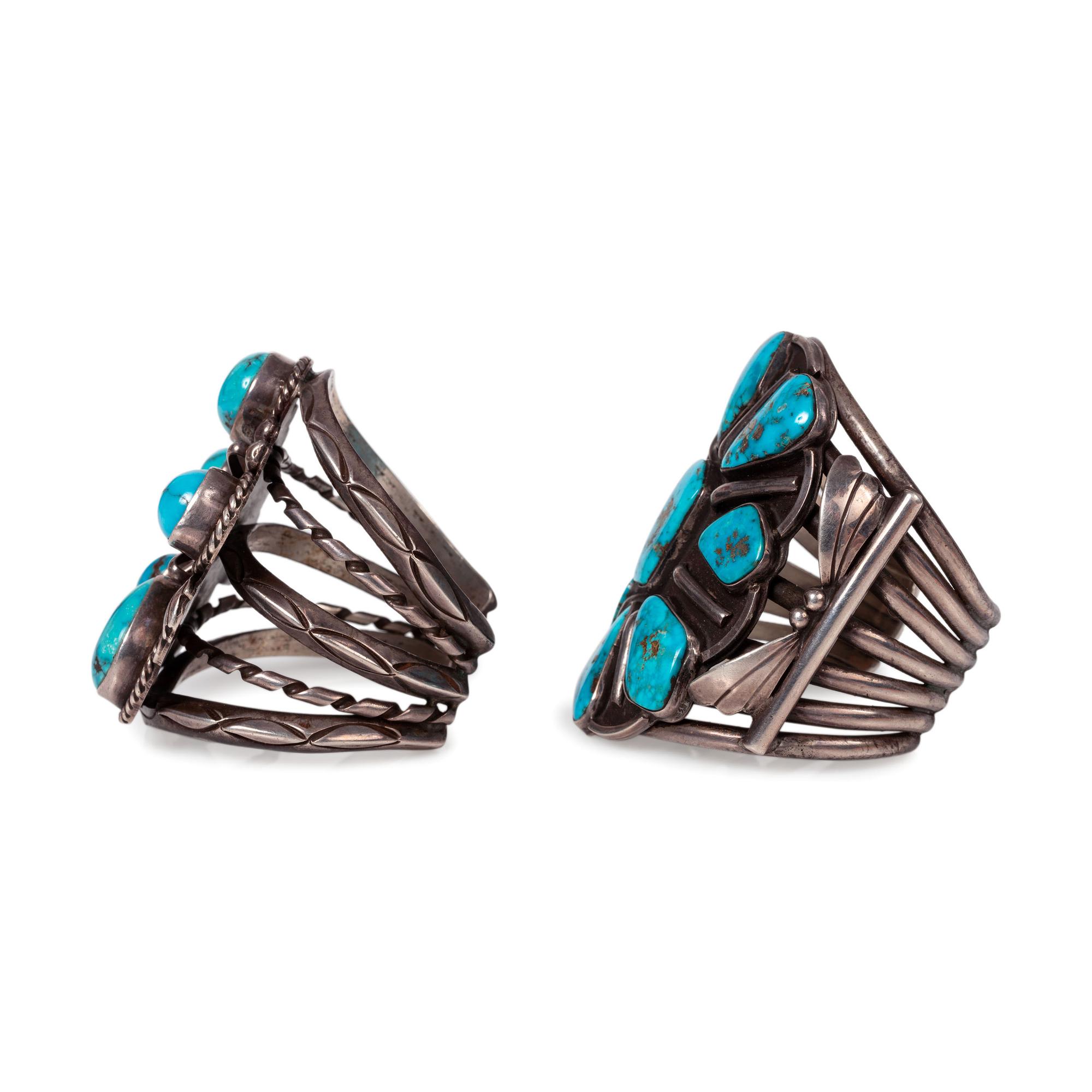 Pair of Navajo Silver and Turquoise Cluster Cuff Bracelets