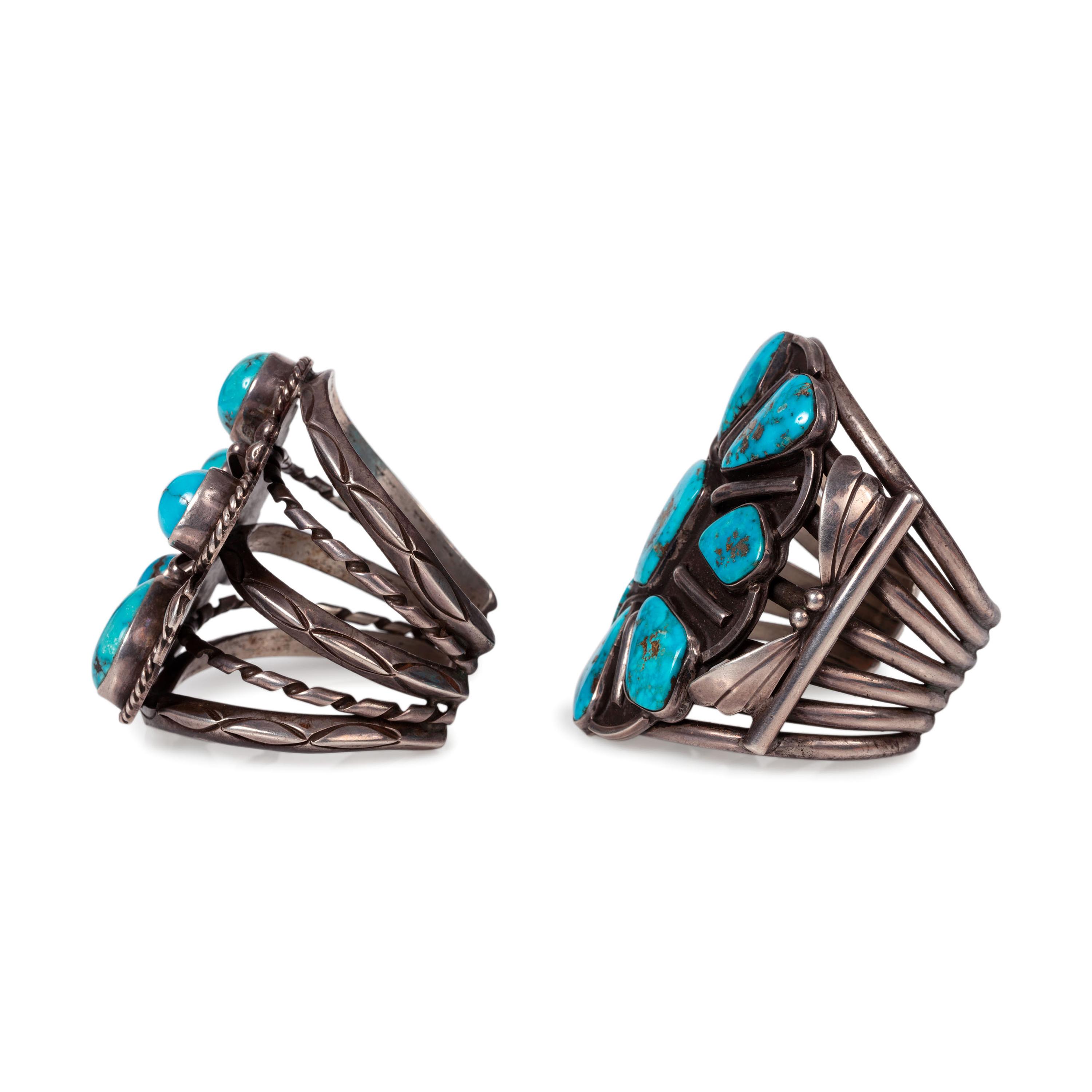 Pair of Navajo Silver and Turquoise Cluster Cuff Bracelets
