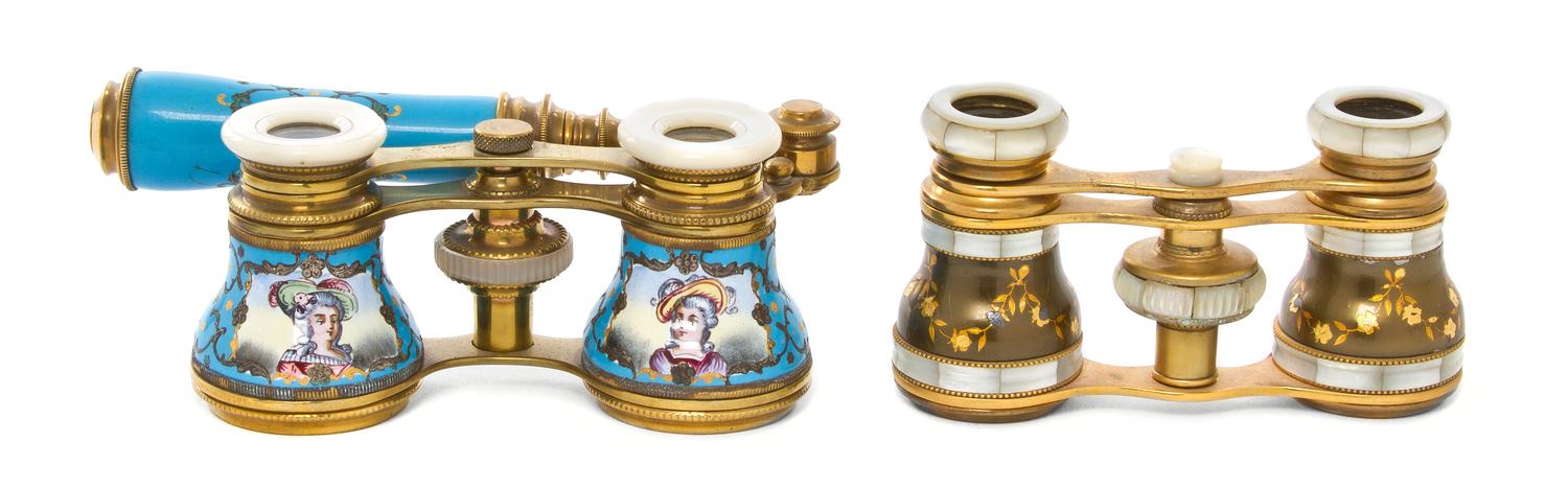 Two Pairs of French Enameled Opera Glasses, Width of first 4 inches.