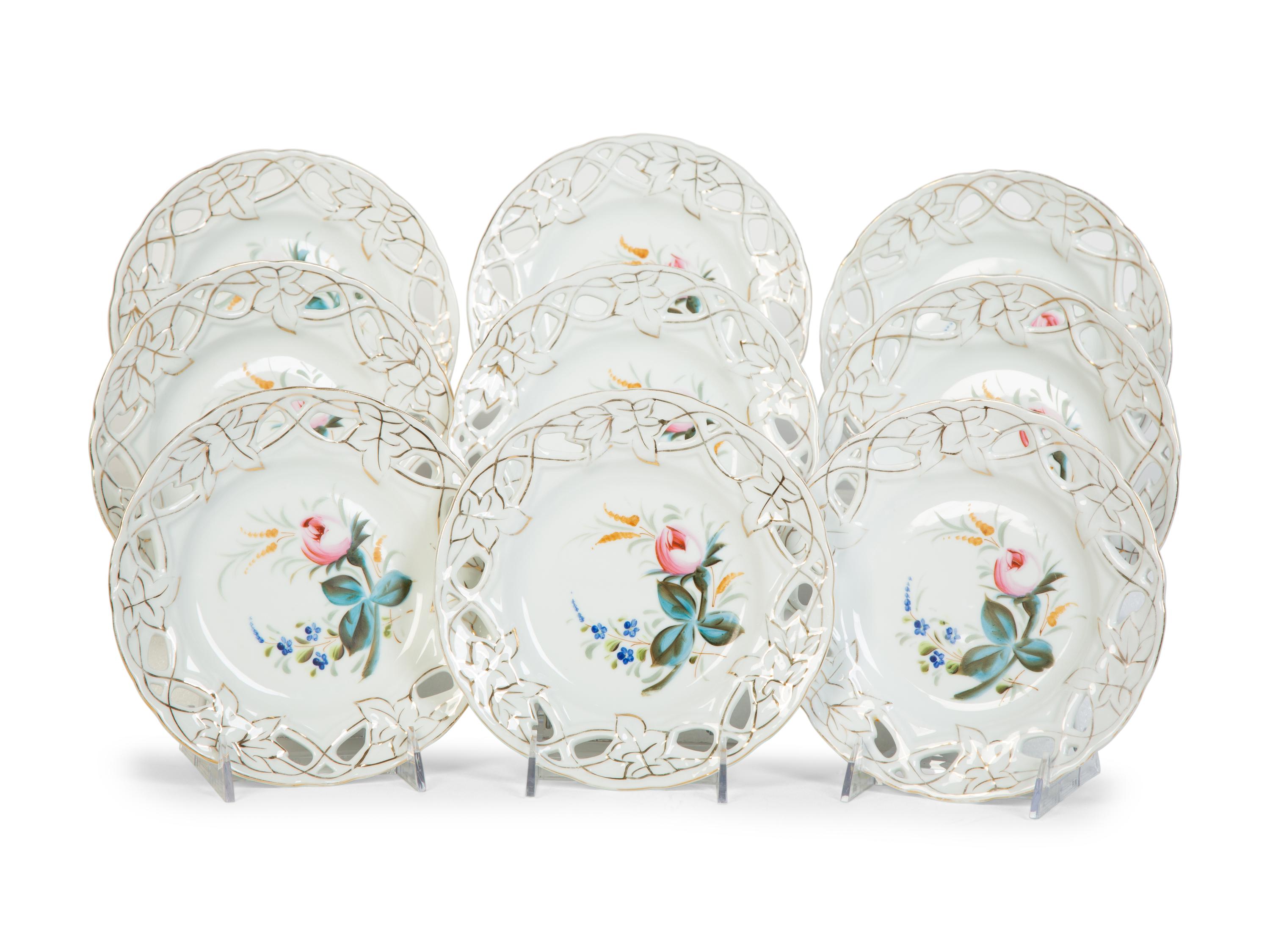 Nine English Porcelain Luncheon Plates and Five Continental Porcelain Cups with Saucers
