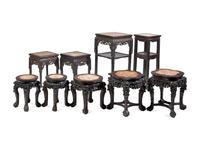 A Collection of Nine Assorted Chinese Marble Inset Rosewood Stands, Late 19th to Early 20th Century