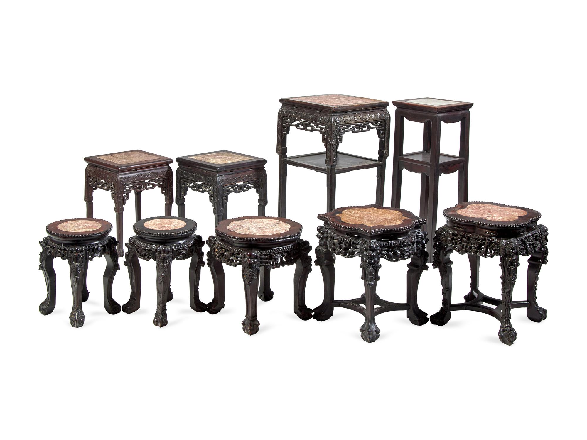 A Collection of Nine Assorted Chinese Marble Inset Rosewood Stands, Late 19th to Early 20th Century