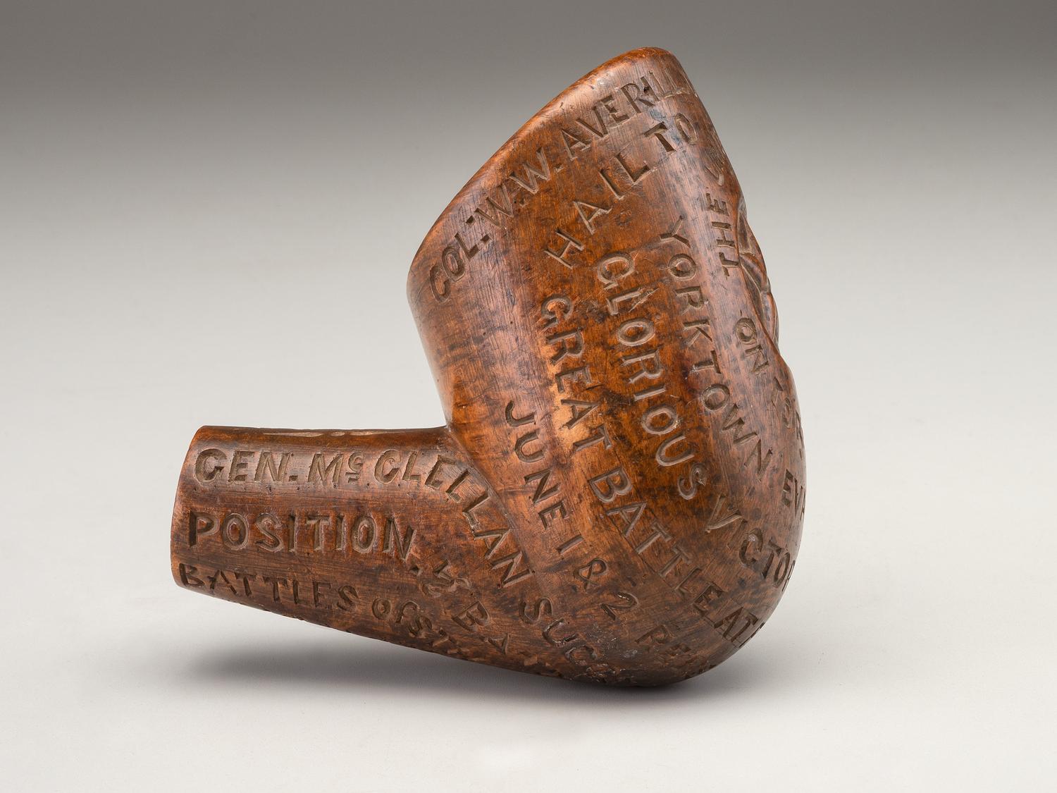 [CIVIL WAR]. Folk art carved pipe identified to the 3rd Pennsylvania Cavalry, referencing Colonel W.W. Averell and battles fought in 1862.