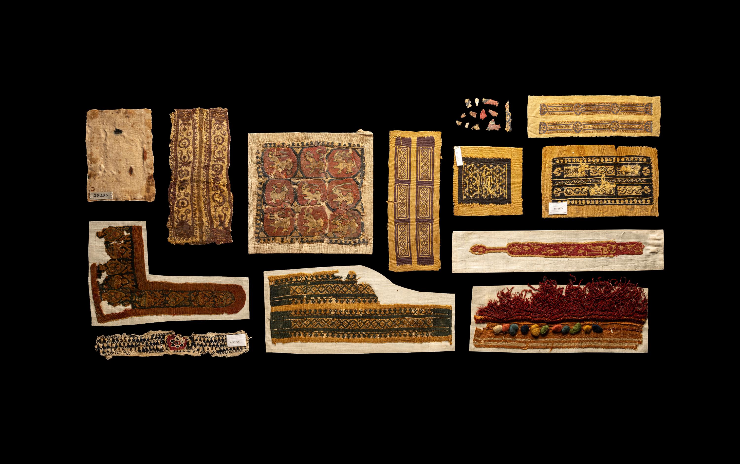Twelve Coptic Wool, Linen, and Silk Textile Fragments