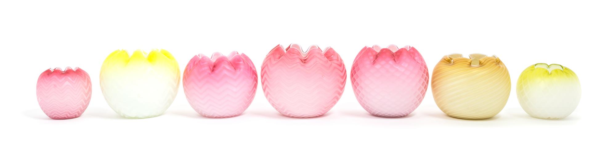 Seven Victorian Mother-of-Pearl Satin Glass Rose Bowls Height of tallest 5 1/4 inches — 19TH CENTURY