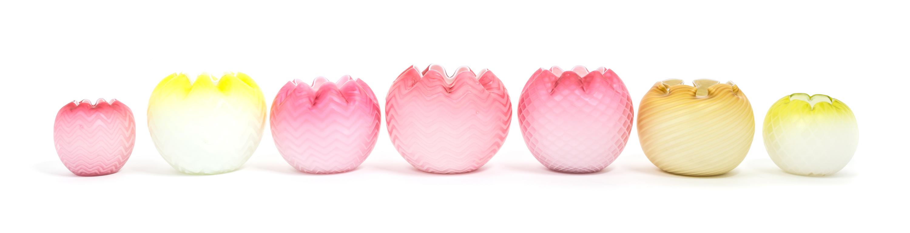 Seven Victorian Mother-of-Pearl Satin Glass Rose Bowls Height of tallest 5 1/4 inches — 19TH CENTURY