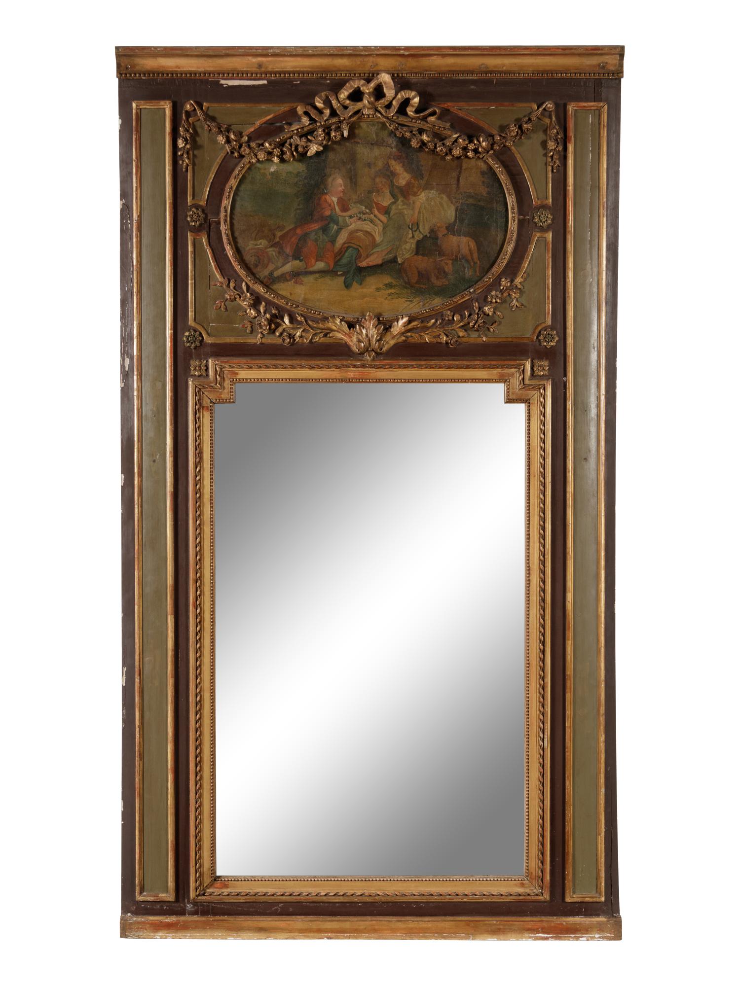 A Louis XVI Style Painted and Parcel Gilt Trumeau Mirror