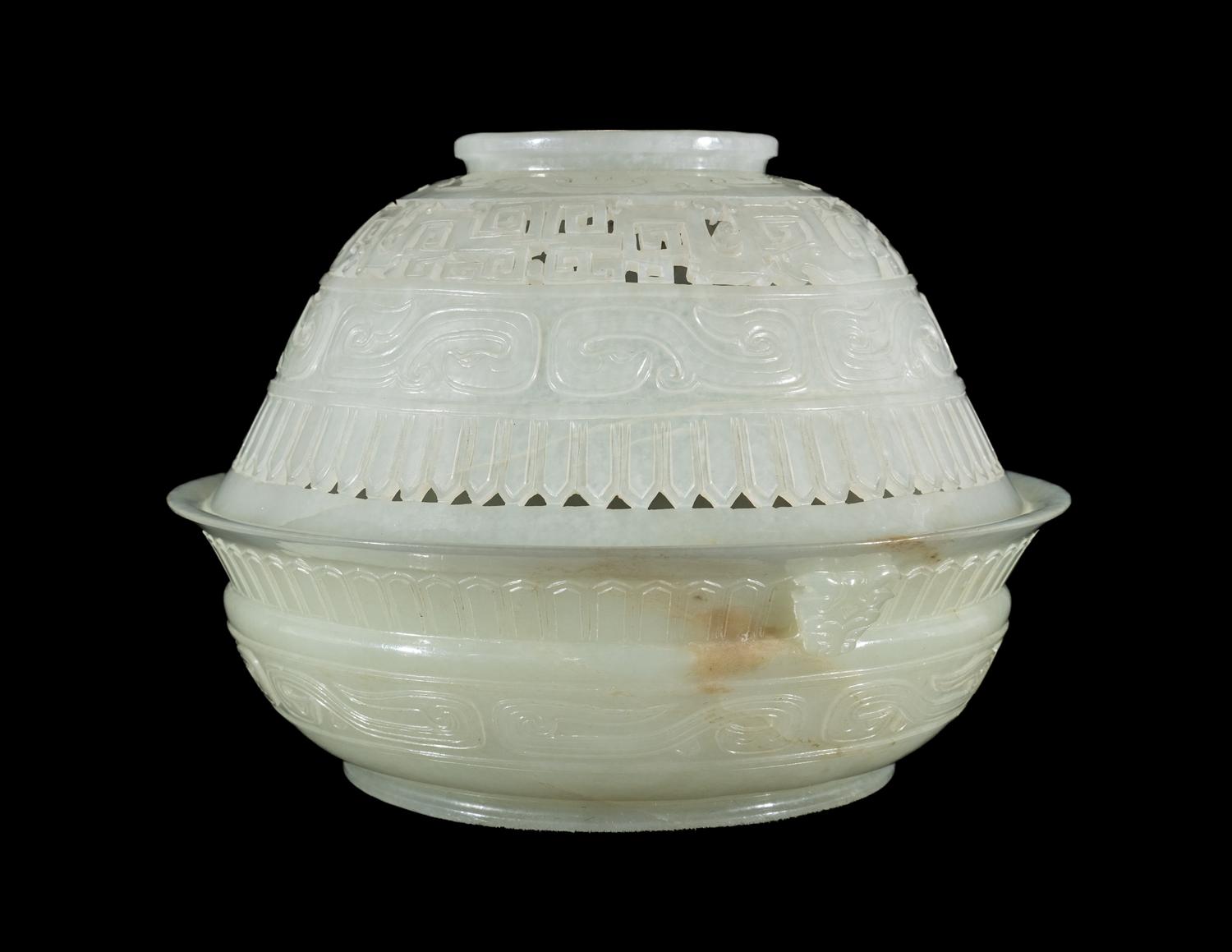 A Chinese Carved and Pierced 'Archaistic' White Jade Bowl and Cover