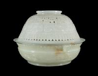 A Chinese Carved and Pierced 'Archaistic' White Jade Bowl and Cover