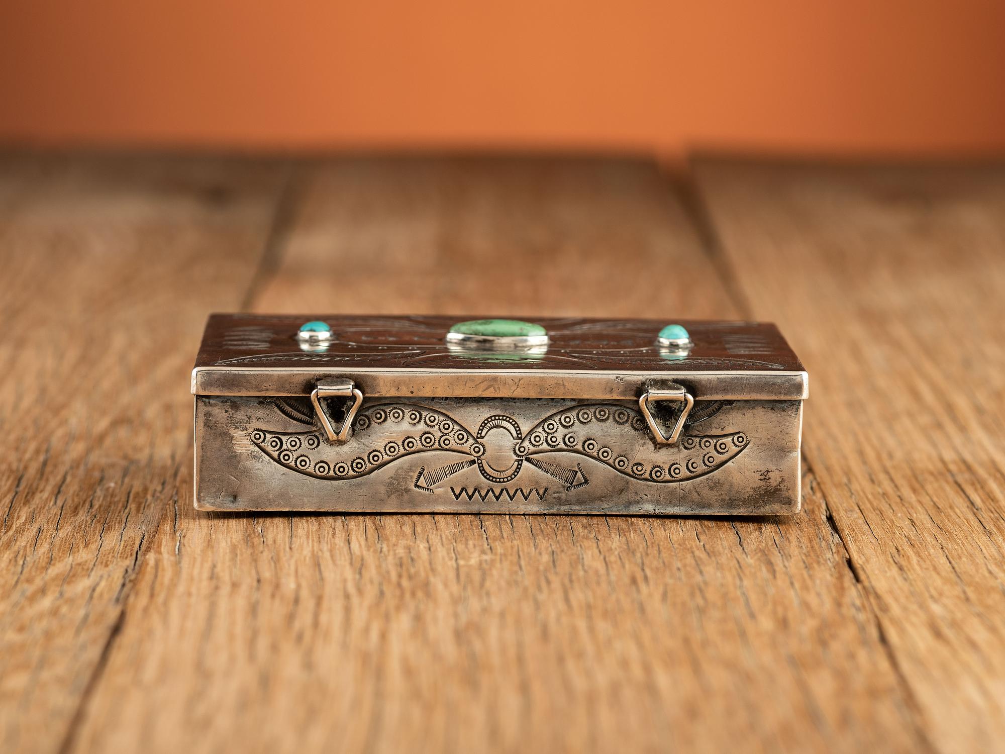Navajo Heavily Stamped Whimsical Silver Box, with Turquoise Inlay