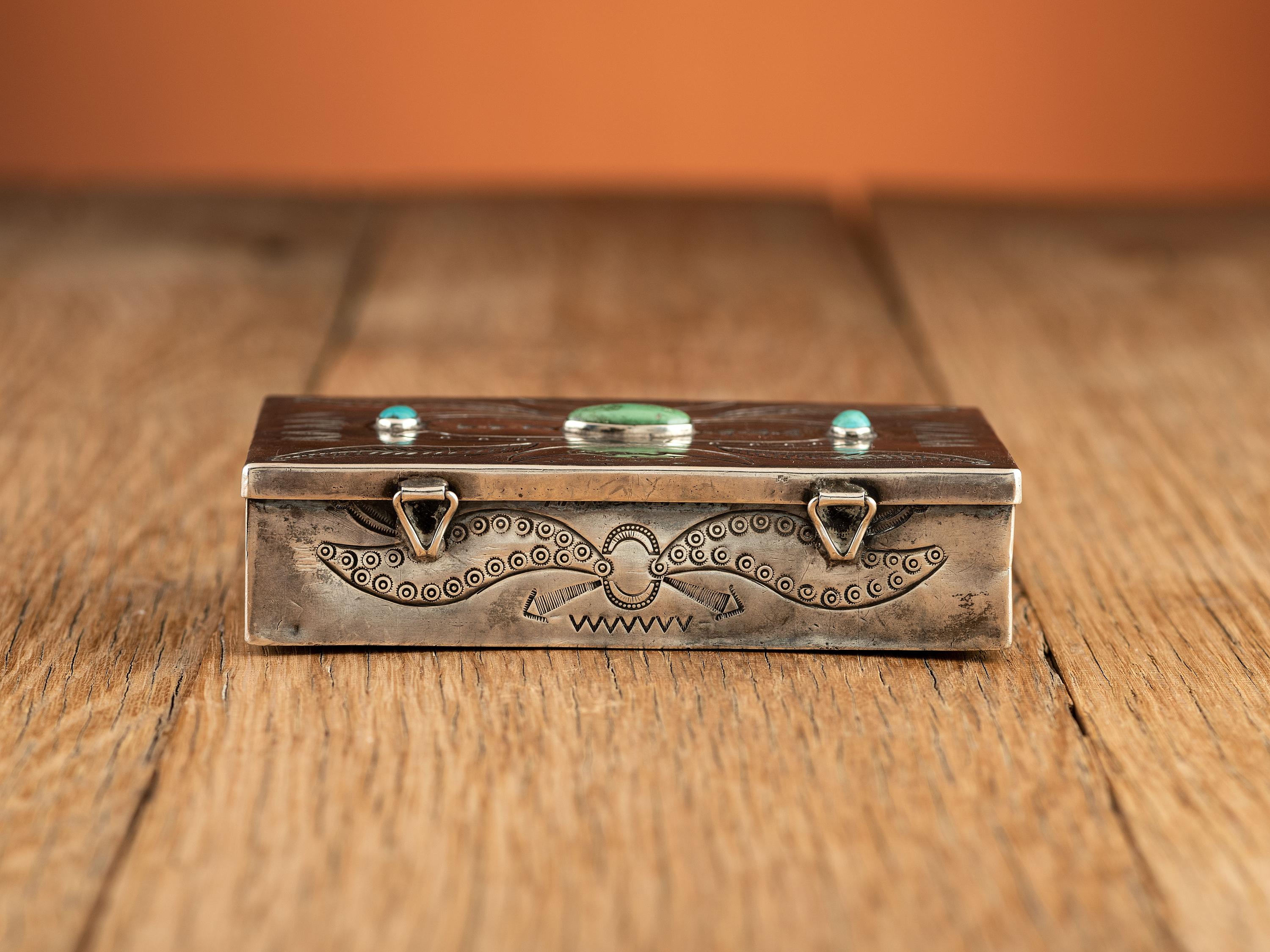 Navajo Heavily Stamped Whimsical Silver Box, with Turquoise Inlay