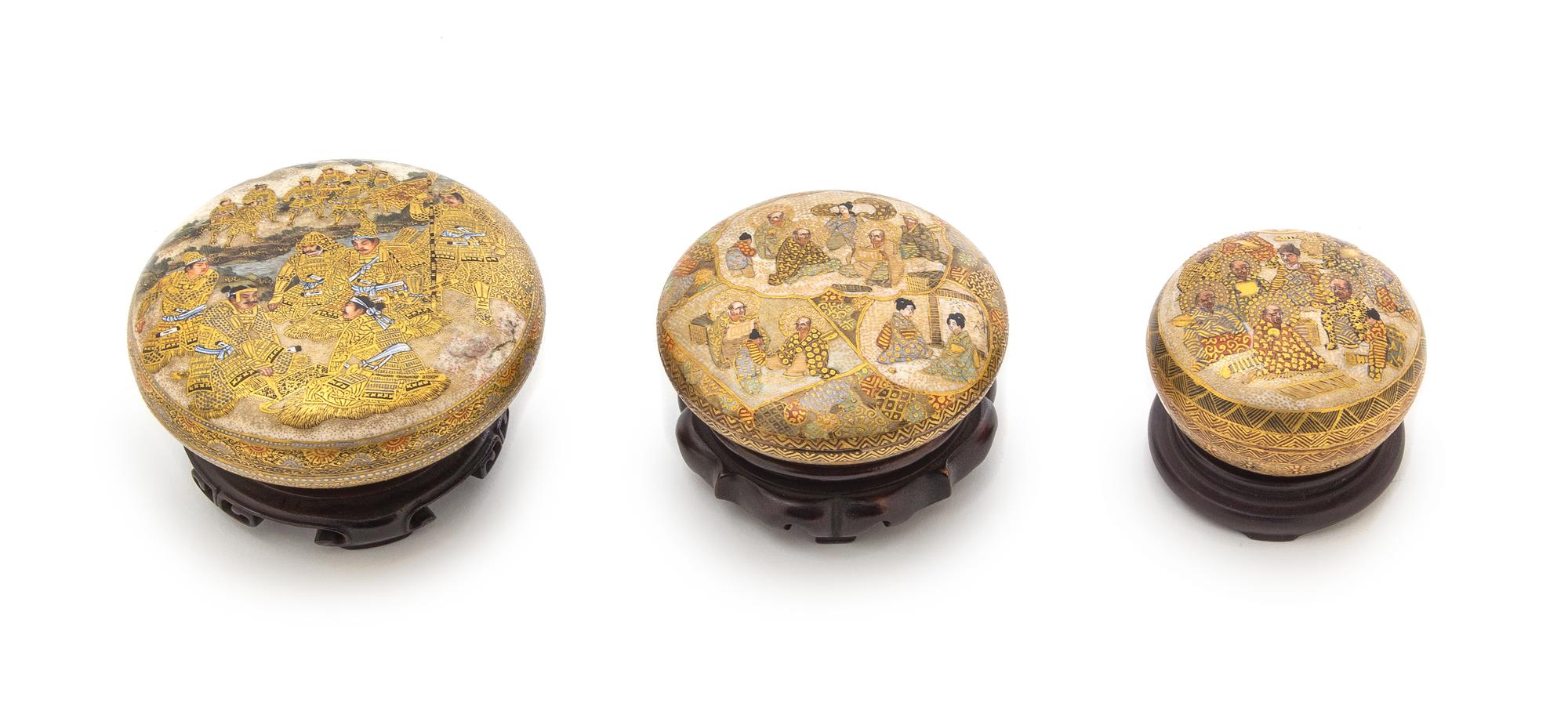Three Satsuma Incense Boxes and Covers Diameter of largest 4 inches.