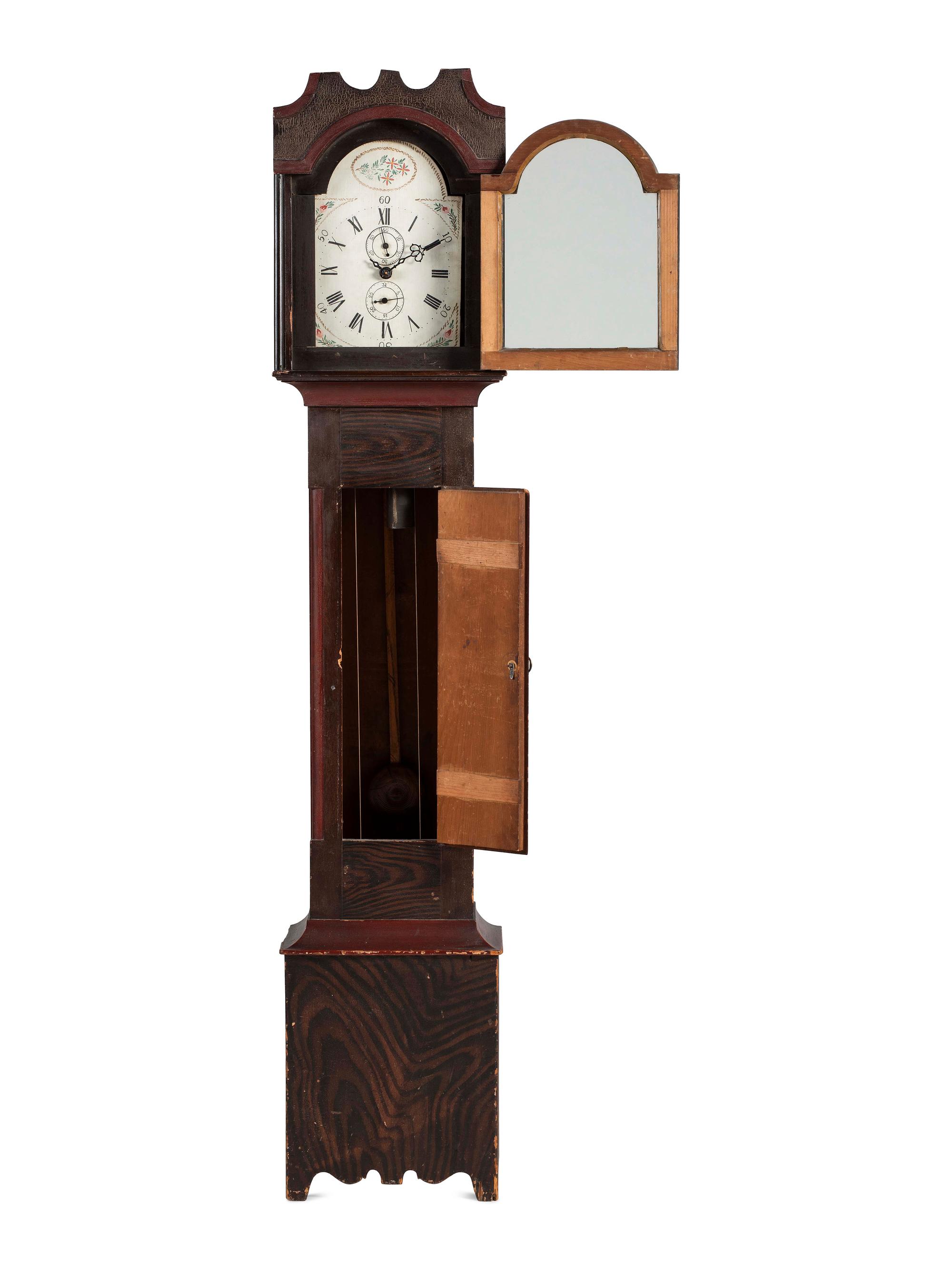 A Federal Red and Grain Painted Pine Wooden Works Tall Case Clock