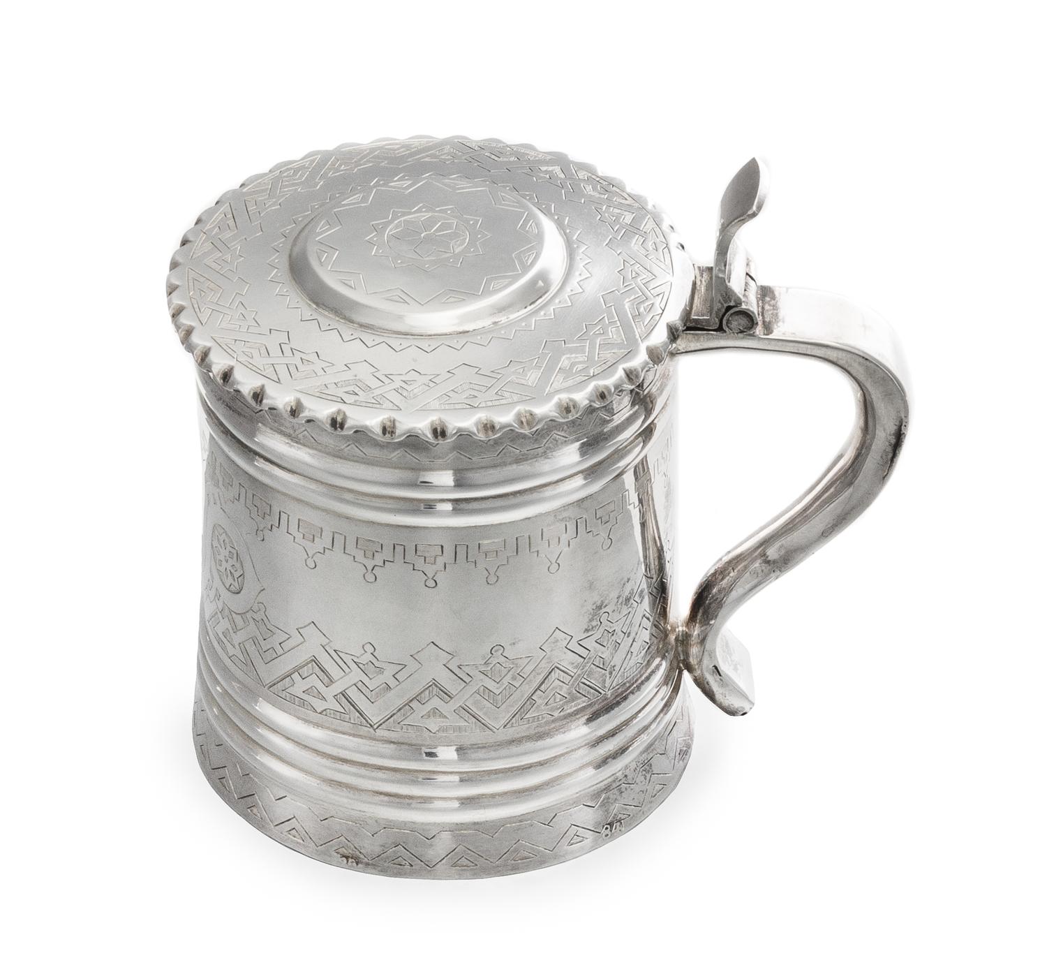 A Russian Silver Children's Tankard, Mark of Sergei Orlov, Assay Mark A.K., Moscow, 1879, the lid and body with engraved geometric deco