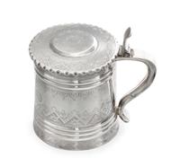 A Russian Silver Children's Tankard, Mark of Sergei Orlov, Assay Mark A.K., Moscow, 1879, the lid and body with engraved geometric deco