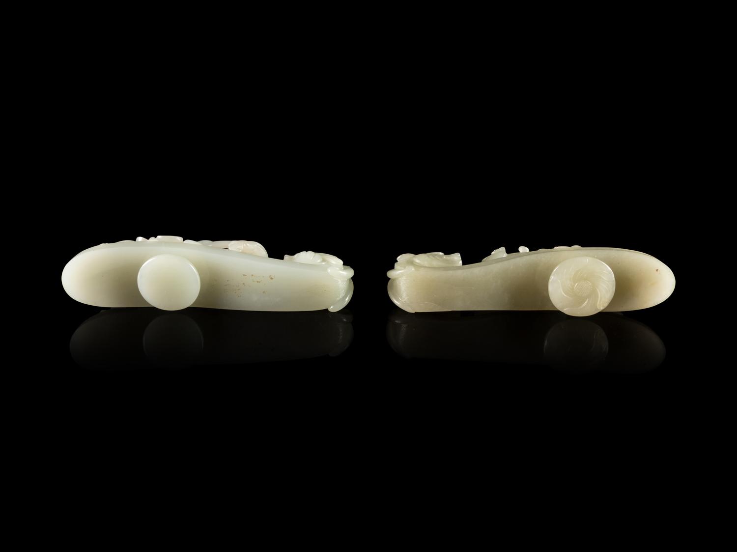 Two Celadon Jade Dragon-Head Belt Hooks