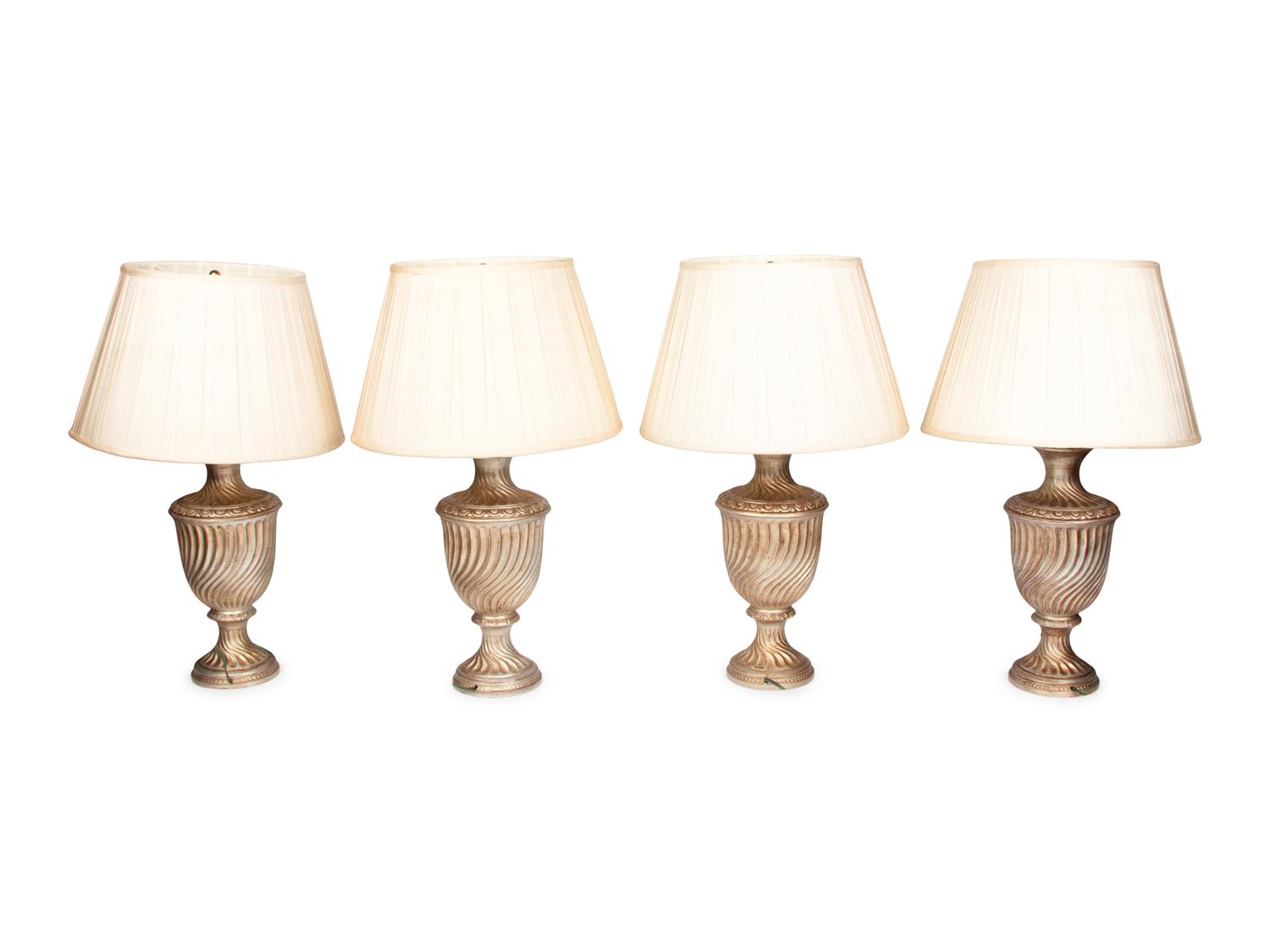 A Set of Four Silvered Wood Finial-Form Lamps