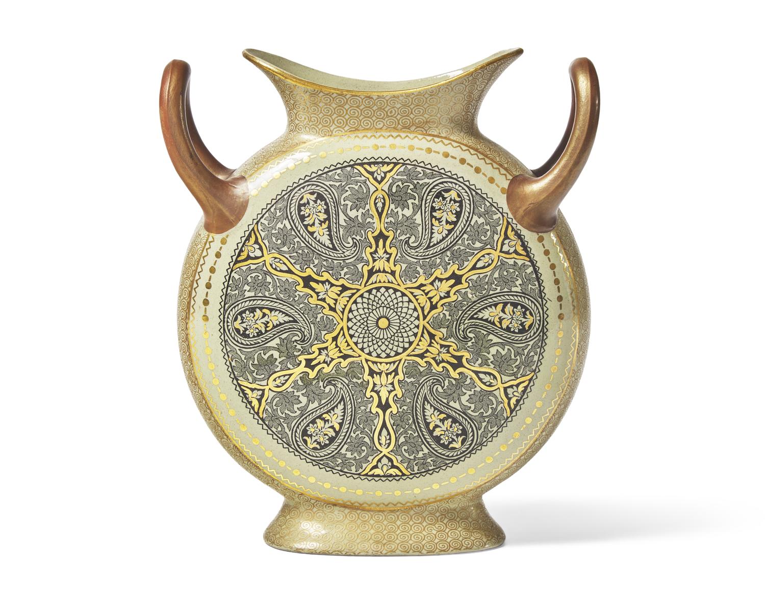 A Wedgwood Glazed Earthenware Moon Flask in the Manner of Christopher Dresser