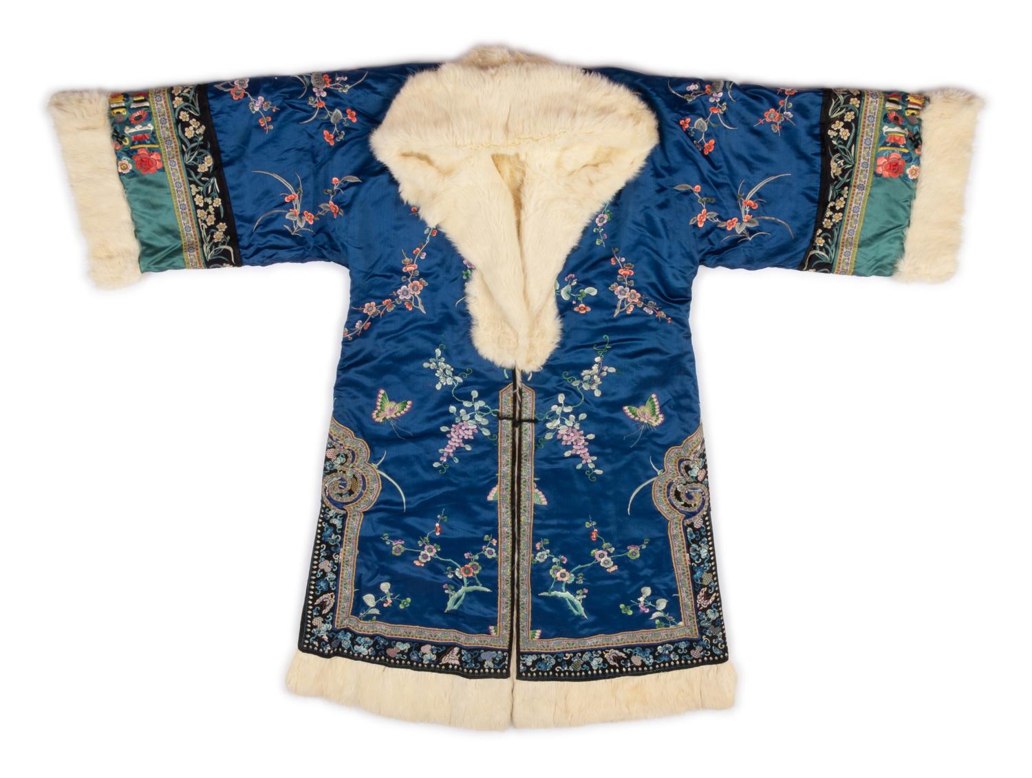 A Fur Lined Blue Ground Embroidered Silk Winter Coat