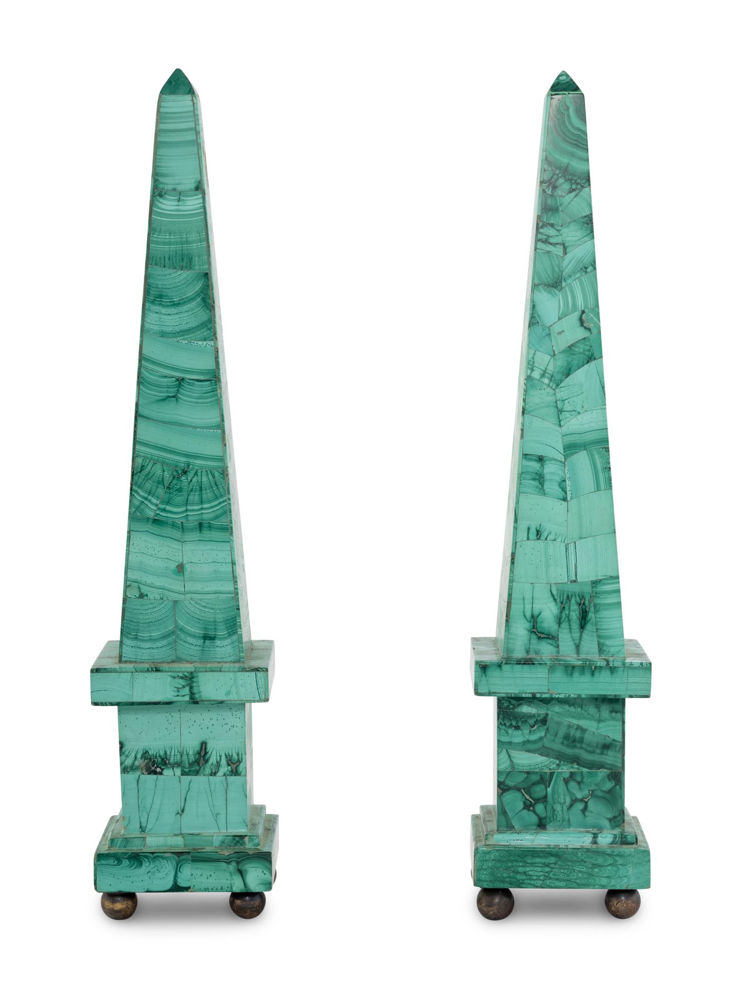 A Pair of Malachite Veneered Obelisks