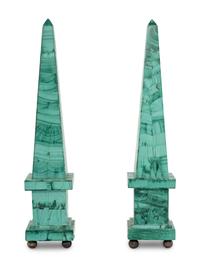 A Pair of Malachite Veneered Obelisks
