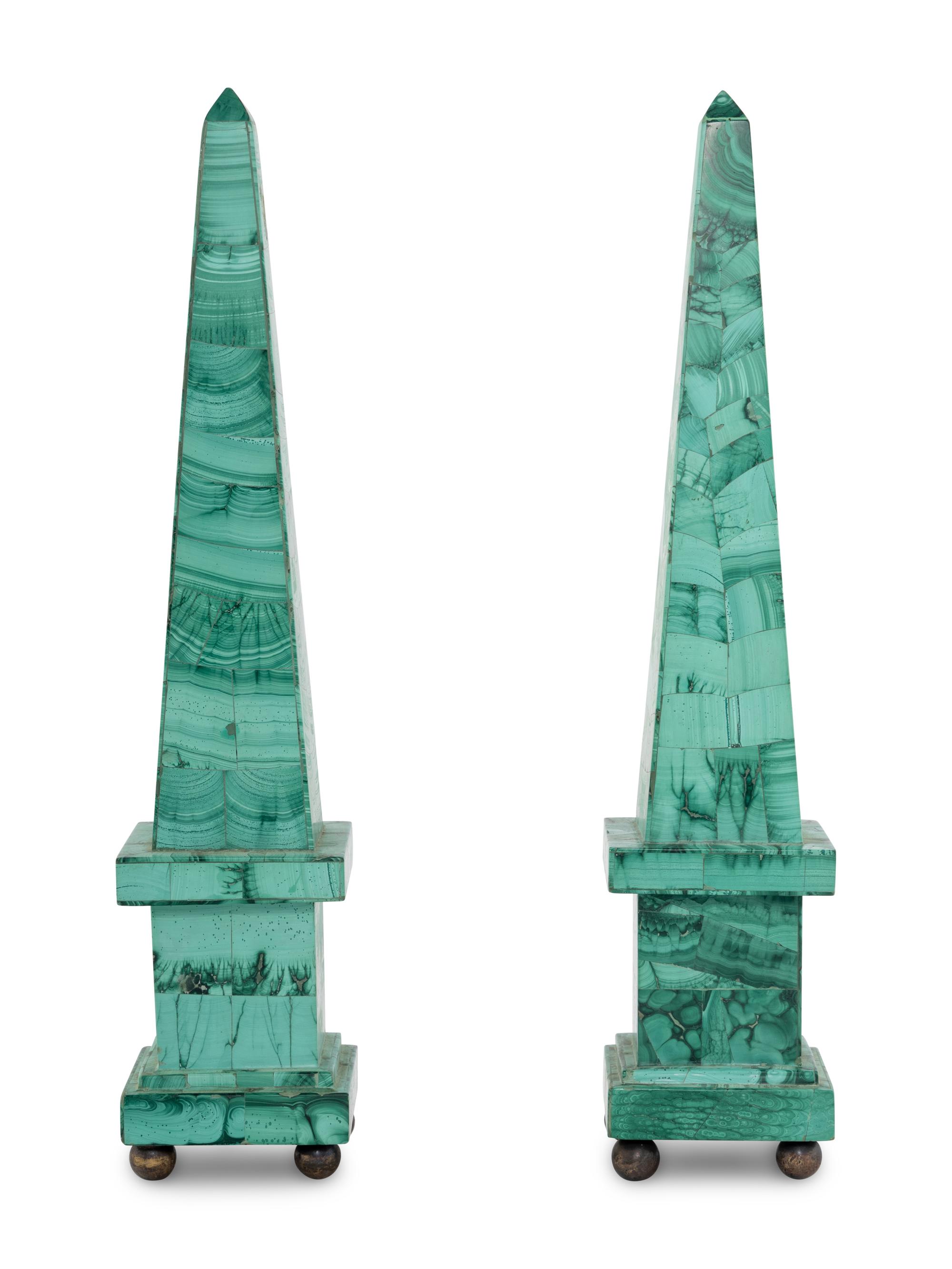 A Pair of Malachite Veneered Obelisks