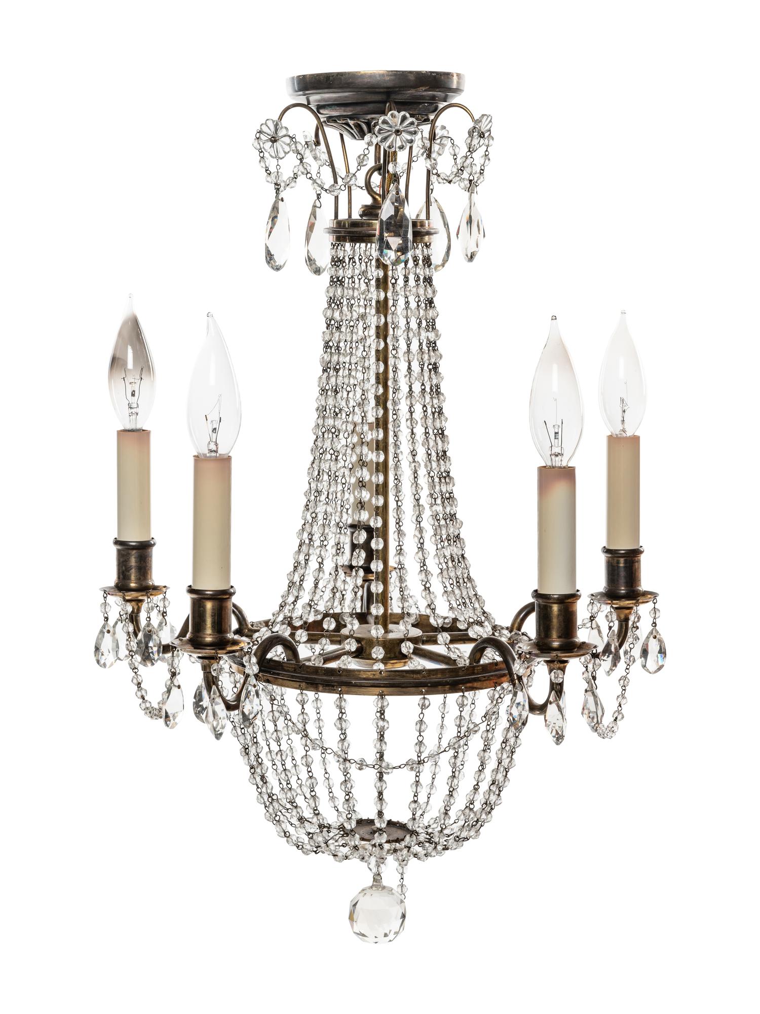 An Empire Style Brass and Cut Glass Five-Light Chandelier