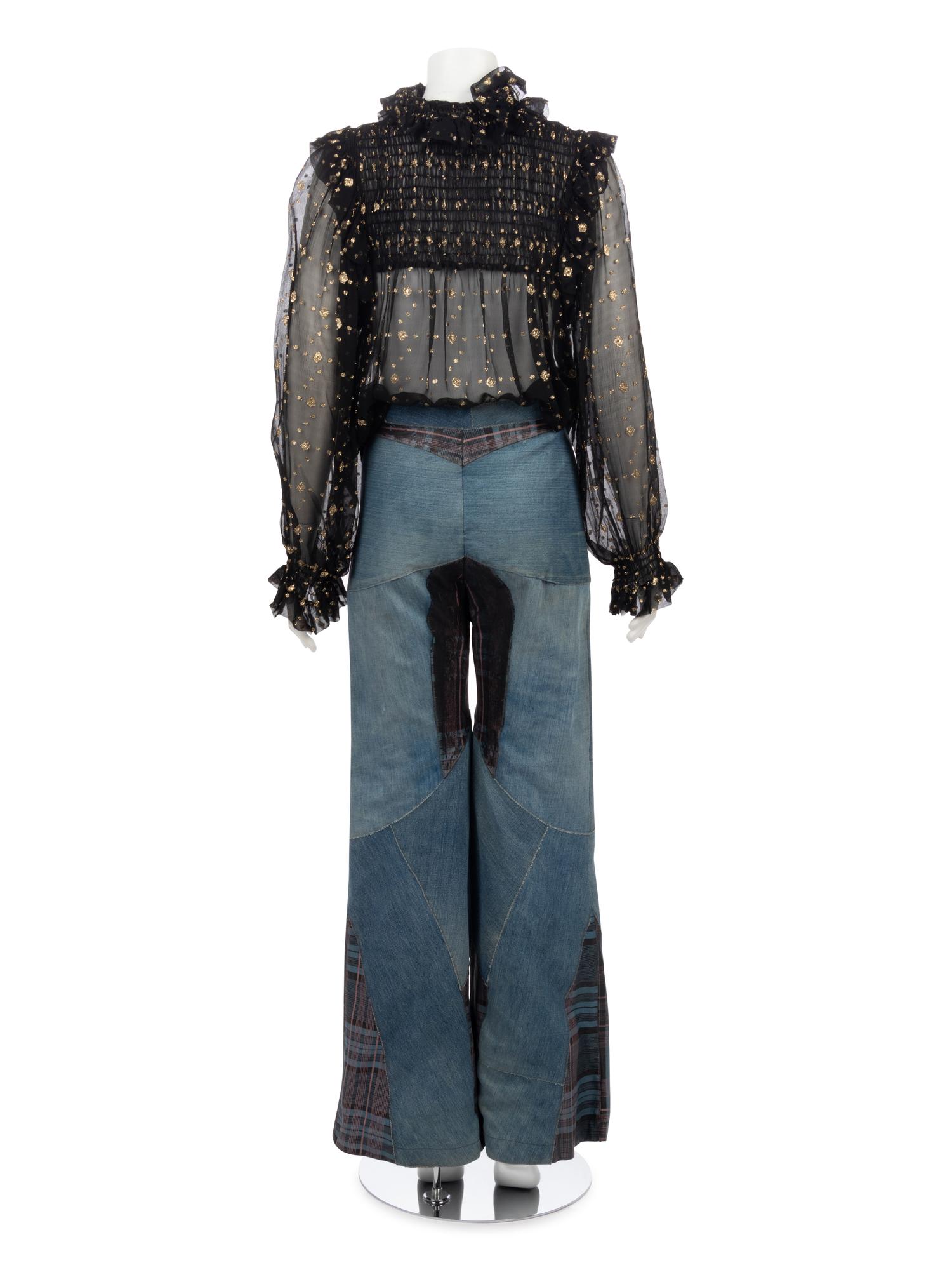 One Saint Laurent Rive Gauche Black Crepe Top and One Pair of Unlabeled Bell Bottom Denim Jeans, 1970s