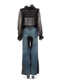 One Saint Laurent Rive Gauche Black Crepe Top and One Pair of Unlabeled Bell Bottom Denim Jeans, 1970s